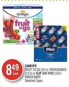 Shoppers Drug Mart SunRype FRUIT TO GO (24's), FRUITSOURCE (12's) or CLIF BAR MINI (10's) SNACK BARS offer