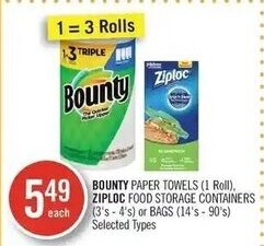 Shoppers Drug Mart BOUNTY PAPER TOWELS (1 Roll), ZIPLOC FOOD STORAGE CONTAINERS (3's-4's) or BAGS (14's-90's) offer