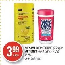 Shoppers Drug Mart NO NAME DISINFECTING (75's) or WET ONES HAND (28's-40's) WIPES offer