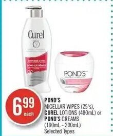 Shoppers Drug Mart POND'S MICELLAR WIPES (25's), CUREL LOTIONS (480mL) or POND'S CREAMS (190mL-200mL) offer