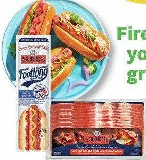 Sobeys SCHNEIDERS Bacon, Juicy Jumbos Wieners regular or beef, Stadium Size Footlong Wieners or Smoked Sausages 375-450 g offer