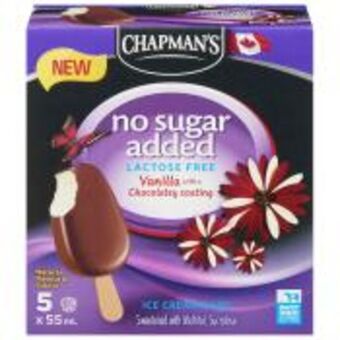 Chapman's no sugar added lactose free vanilla ice cream bars with a chocolatey coating