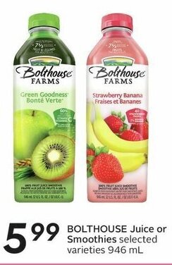 Sobeys BOLTHOUSE Juice or Smoothies selected varieties 946 mL offer