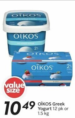 Sobeys OIKOS Greek Yogurt 12 pk or 1.5 kg offer