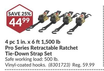 Princess Auto 4 pc 1 in. x 6 ft1,500 lb pro series retractable ratchet tie-down strap set offer
