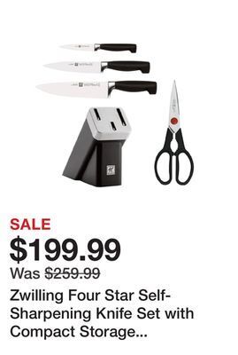 TSC Stores Zwilling four star self-sharpening knife set with compact storage block and bonus shears offer