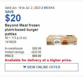 Costco Beyond Meat frozen plant-based burger patties offer