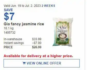 Costco Gia fancy jasmine rice 18.1 kg offer
