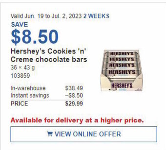Costco Hershey's Cookies 'n' Creme chocolate bars offer