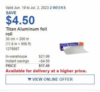 Costco Titan Aluminum foil roll offer