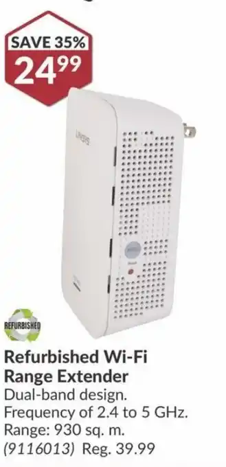 Princess Auto Refurbished Wi-Fi Range Extender Dual-band design. Frequency of 2.4 to 5 GHz. Range: 930 sq. m. offer