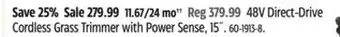 Canadian Tire Yardworks 48v direct-drive cordless grass trimmer with power sense, 15˝. offer