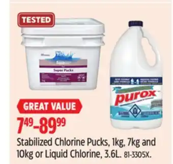 Canadian Tire Aquarius stabilized chlorine pucks, 1kg, 7kg and 10kg or liquid chlorine, 3.6l offer