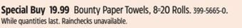 Canadian Tire Bounty paper towels, 8=20 rolls offer