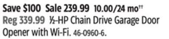 Canadian Tire Chamberlain 1⁄2-hp chain drive garage door opener with wi-fi offer