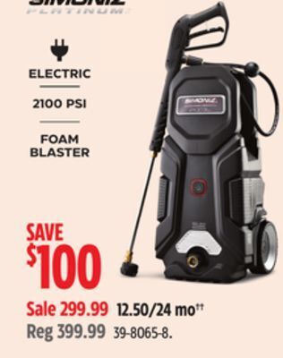 Canadian Tire Simoniz 2100 psi 1.5 gpm corded cold water wheeled brushed electric pressure washer w/ foam blaster offer