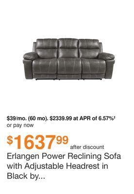 Ashley Furniture Erlangen power reclining sofa with adjustable headrest in black by ashley offer