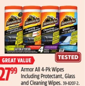 Canadian Tire Armor all 4-pk wipes including protectant, glass and cleaning wipes offer