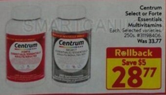 Walmart Centrum Select or Forte Essentials Multivitamins offer