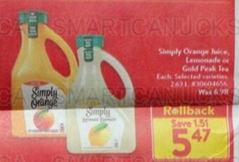 Walmart Simply Orange Juice, Lemonade or Gold Peak Tea offer