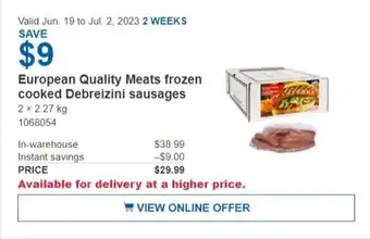 Costco European Quality Meats frozen cooked Debreizini sausages offer