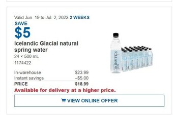 Costco Icelandic Glacial natural spring water offer