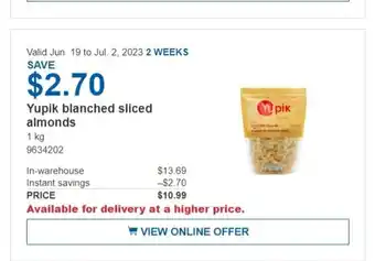 Costco Yupik blanched sliced almonds 1 kg offer