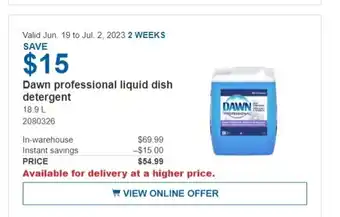 Costco Dawn professional liquid dish detergent 18.9 L offer