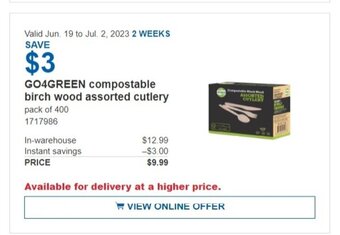 Costco GO4GREEN compostable birch wood assorted cutlery pack of 400 offer