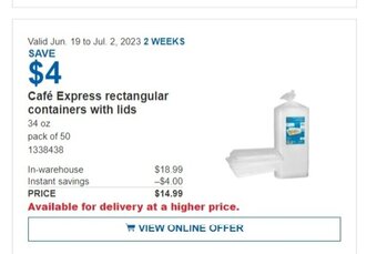 Costco Café Express rectangular containers with lids offer