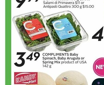 Sobeys COMPLIMENTS Baby Spinach, Baby Arugula or Spring Mix product of USA 142 g offer