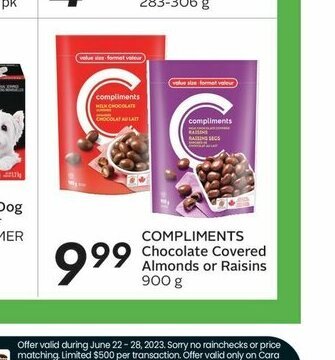 Sobeys COMPLIMENTS Chocolate Covered Almonds or Raisins 900 g offer