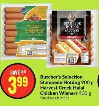 FreshCo Butcher's Selection Stampede Hotdog 900 g Harvest Creek Halal Chicken Wieners 900 g offer