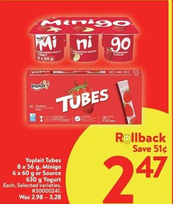 Walmart Yoplait Tubes 8 x 56 g, Minigo 6 x 60 g or Source 630 g Yogurt offer