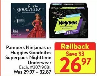 Walmart Pampers Ninjamas or Huggies Goodnites Superpack Nighttime Underwear offer