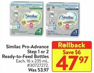 Walmart Similac Pro-Advance Step 1 or 2 Ready-to-Feed Bottles offer