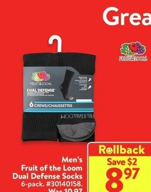 Walmart Men's Fruit of the Loom Dual Defense Socks 6-pack. offer