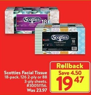 Walmart Scotties Facial Tissue 18-pack. 126 2-ply or 88 3-ply sheets. offer