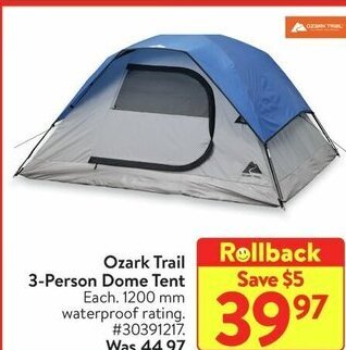 Walmart Ozark Trail 3-Person Dome Tent offer