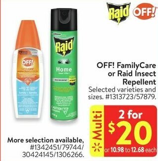Walmart OFF! FamilyCare or Raid Insect Repellent offer