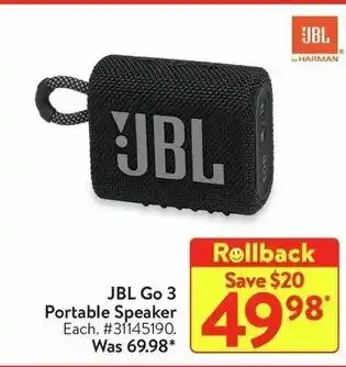 Walmart JBL Go 3 Portable Speaker Each. offer