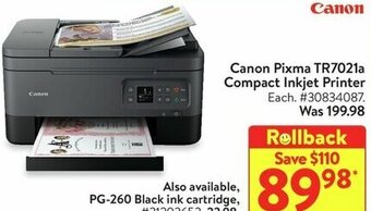 Walmart Canon Pixma TR7021a Compact Inkjet Printer offer