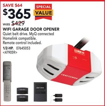 Lowe's Craftsman wifi garage door opener 1/2-hp offer