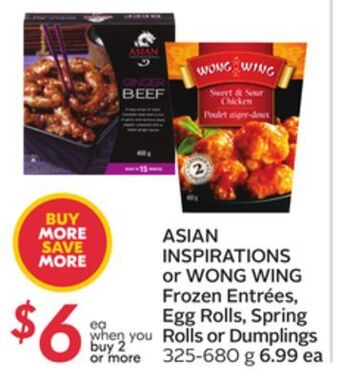 Sobeys Asian inspirations or wong wing frozen entrées, egg rolls, spring rolls or dumplings offer