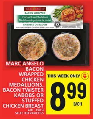 Food Basics Marc angelo bacon wrapped chicken medallions, bacon twister kabobs or stuffed chicken breast offer
