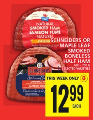 Food Basics Schneiders or maple leaf smoked boneless half ham offer
