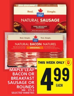 Food Basics Maple leaf bacon or breakfast sausage or rounds offer