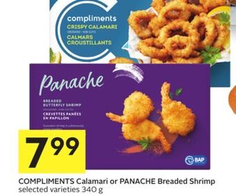 Foodland Compliments calamari or panache breaded shrimp selected varieties 340 g offer