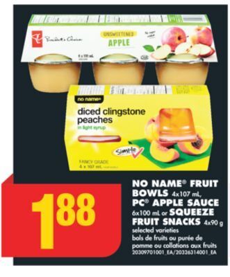 No Frills No name® fruit bowls, 4x107 ml, pc® apple sauce, 6x100 ml or squeeze fruit snacks, 4x90 g offer