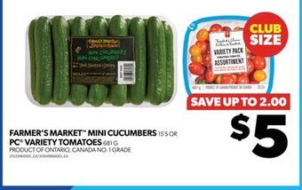 Real Canadian Superstore Farmer's market™ mini cucumbers, 15's or pc® variety tomatoes, 681 g offer